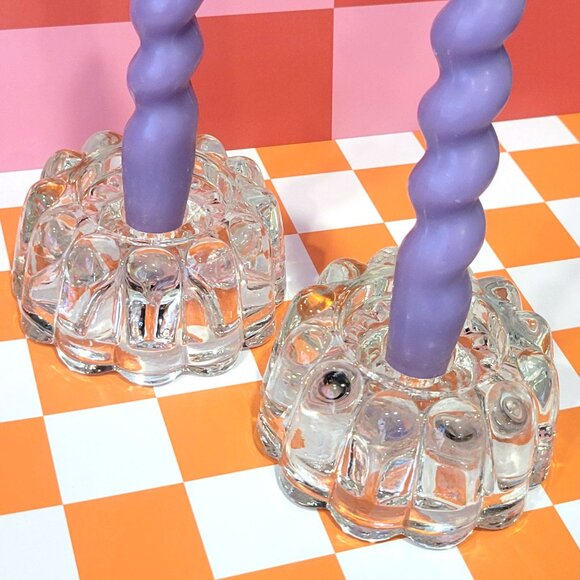 Vintage Bubble Glass Candle Holders Pair of Retro Candlesticks for Boho Tablesca - Picture 5 of 7
